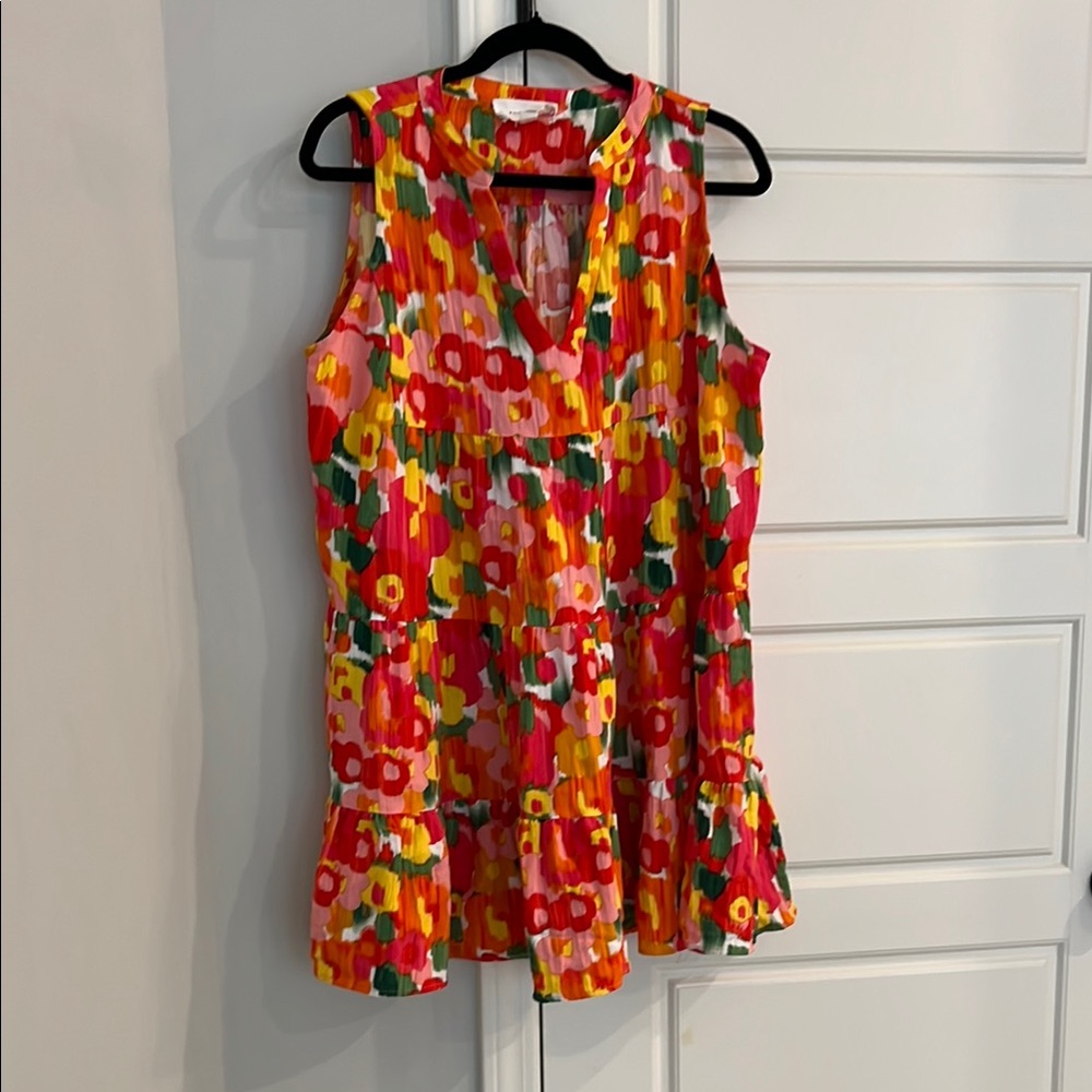 Pomander Place Red and Orange Ruffled Sleeveless Blouse